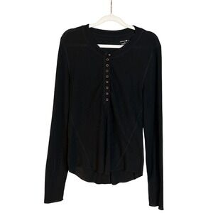 Natural Life Womens Black Waffle Knit Henley Long Sleeve Snap Button Top Large